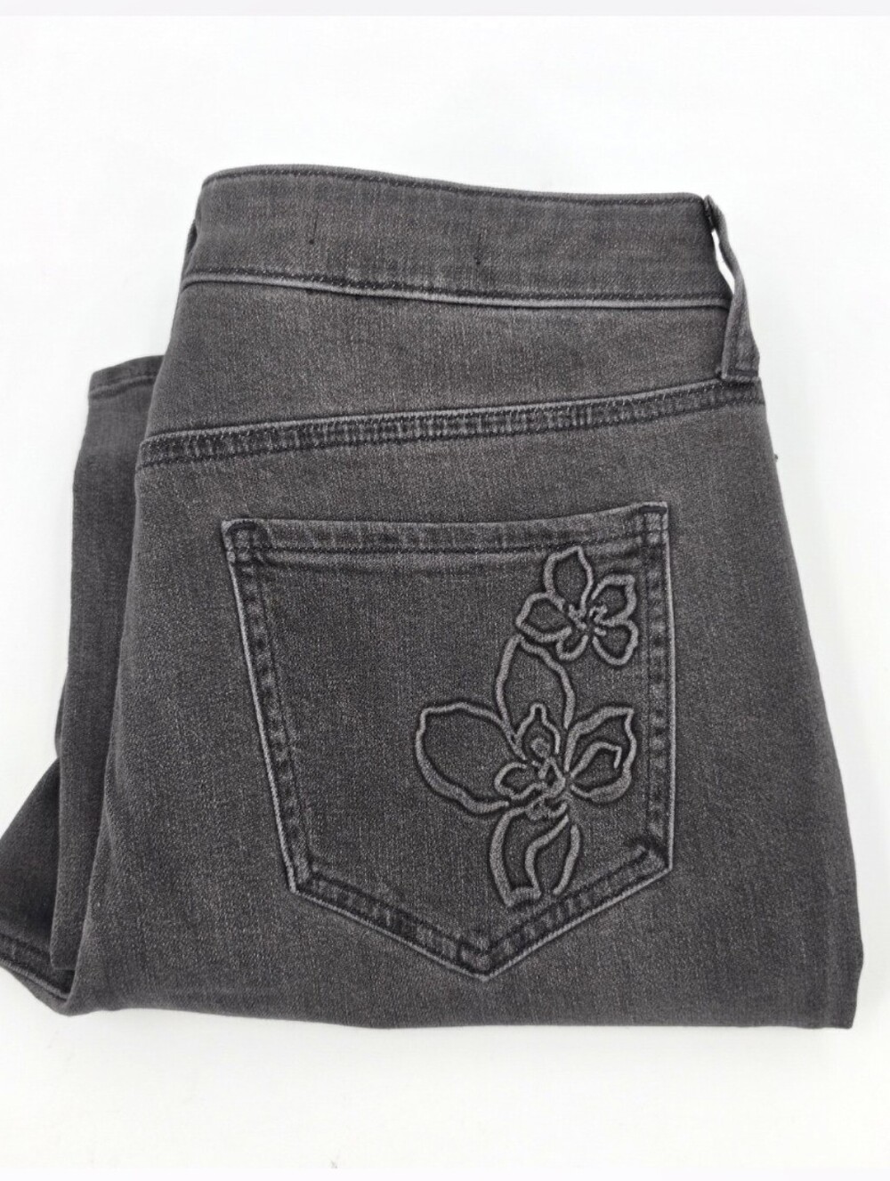 NYDJ Marilyn Straight Jean 10 Faded Black Wash Denim Stretch Floral Embossed